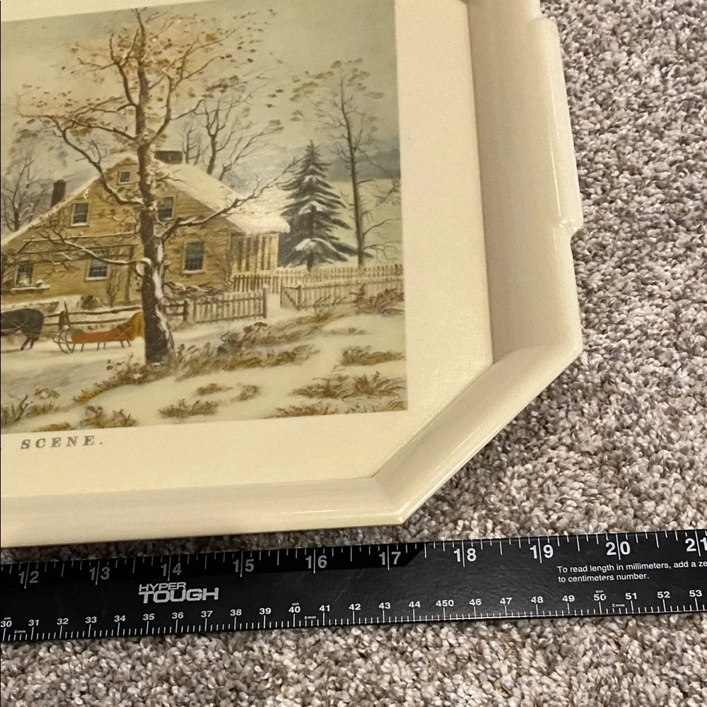 Vintage Style Cream Serving Tray. New England Winter Scene.